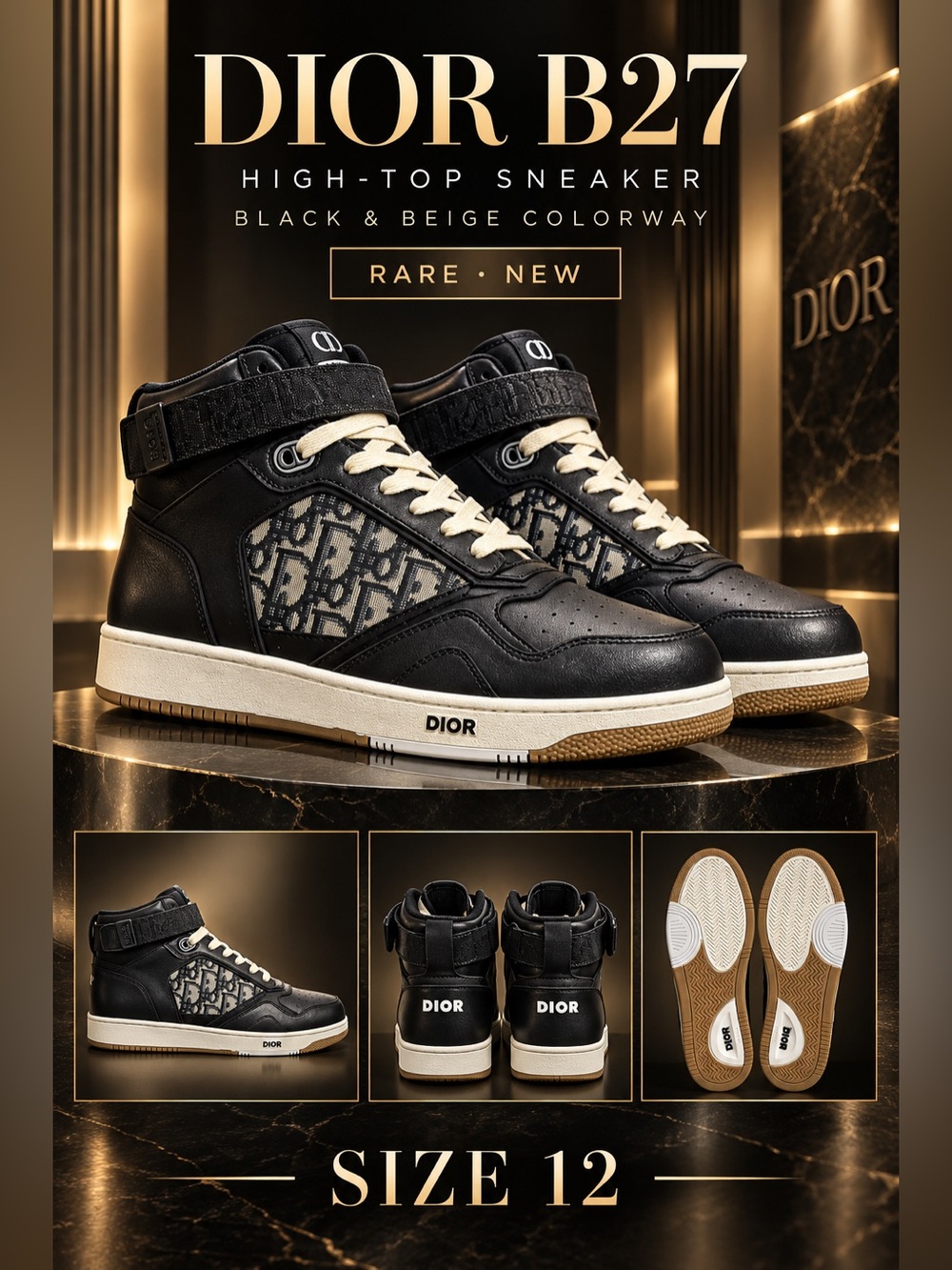 Dior B27 High-Top Sneaker in Black and Beige Colorway. “Rare”🔥New! Size: 12